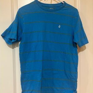 Volcom Men's Blue and Yellow Striped Tee